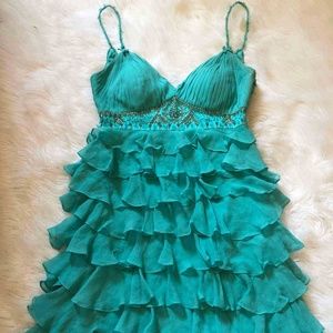 Sue Wong Turquoise Embellished Ruffled Dress